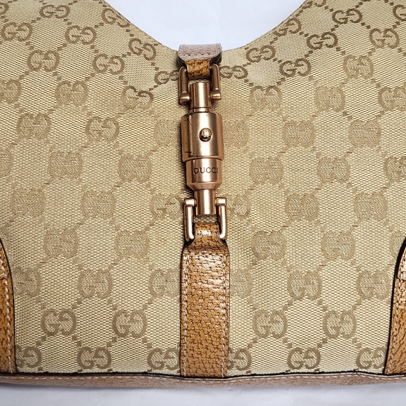 Gucci GG Canvas and Leather Nailhead Jackie Bardot Bag Tan 124407 - Picture 9 of 15